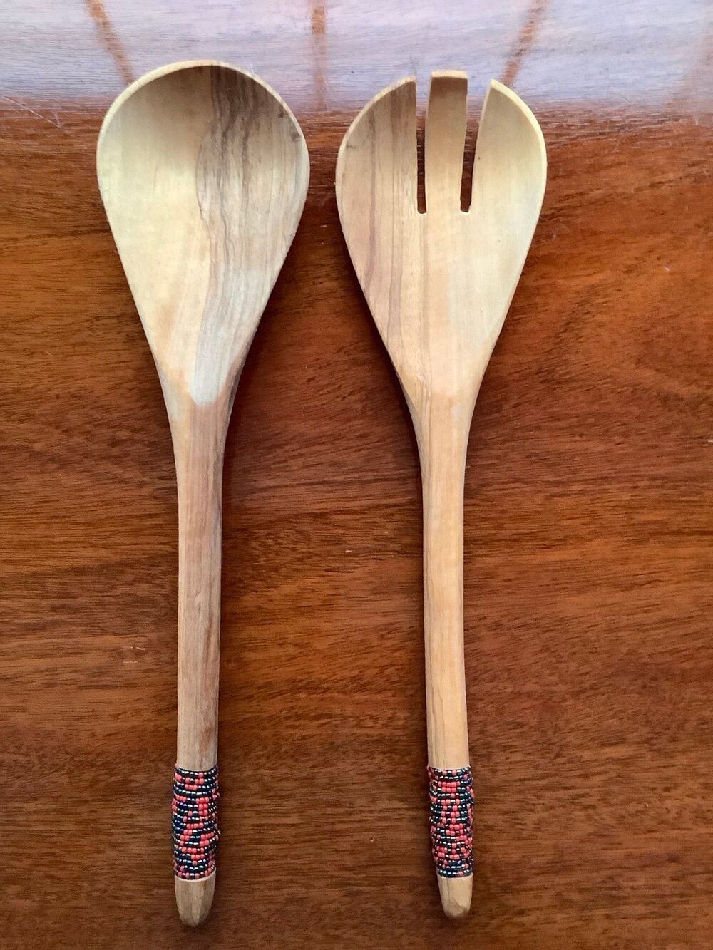 Handmade African / Kenyan Salad Serving Set - Wood with Beads *New*